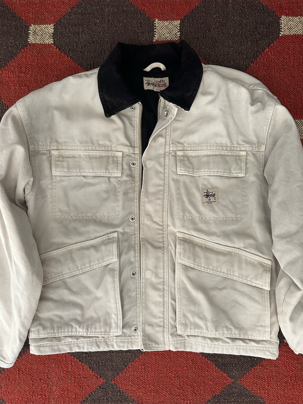 STUSSY UNISEX CREAM QUALITY WORKWEAR JACKET WITH BLACK CORDUROY COLLAR